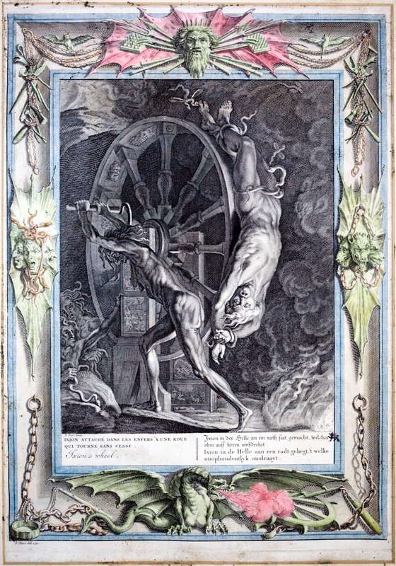 Ixion bound to the eternally turning fiery wheel (coloured engraving) 作者 伯纳德·毕卡特（Picart）