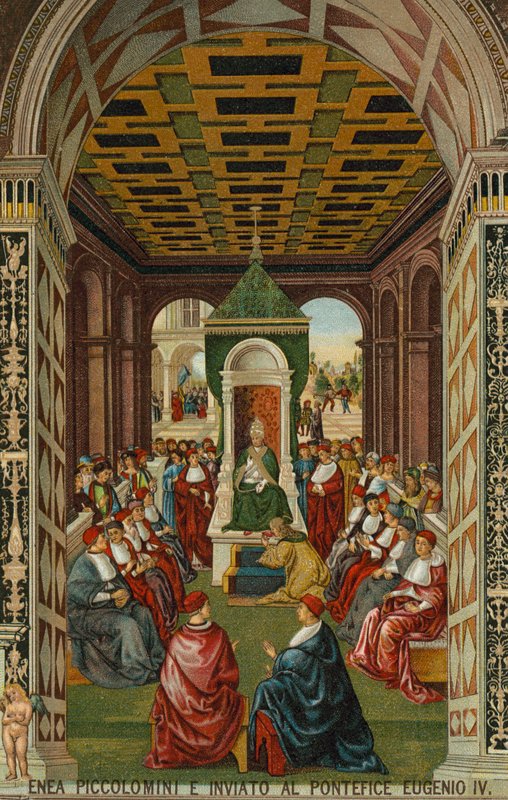 Enea Piccolomini 在教皇尤金四世面前 作者 Bernardino di Betto (after) Pinturicchio