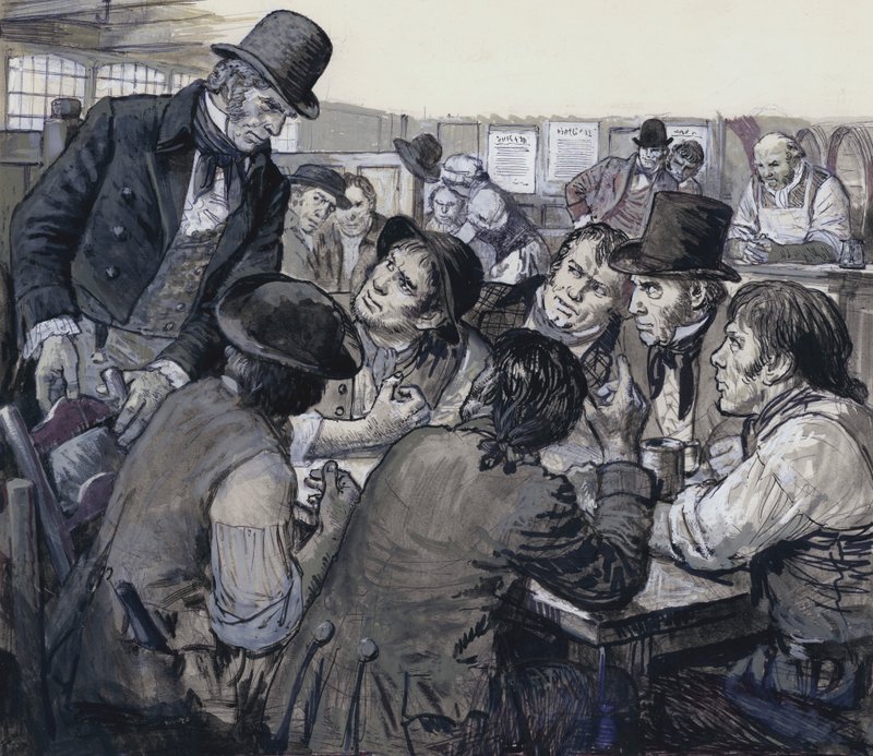 德斯帕德上校在伦敦黑社会的阴暗角落招募政治不满者（水粉画，纸本） 作者 CL 道蒂