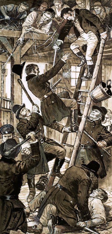 1820 年 2 月 23 日弓街官员与卡托街密谋者的交锋（纸面水粉画） 作者 CL 道蒂