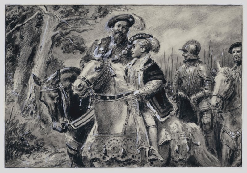 护国公萨默塞特公爵将年轻的国王爱德华六世送往温莎（水粉画，纸本） 作者 CL 道蒂