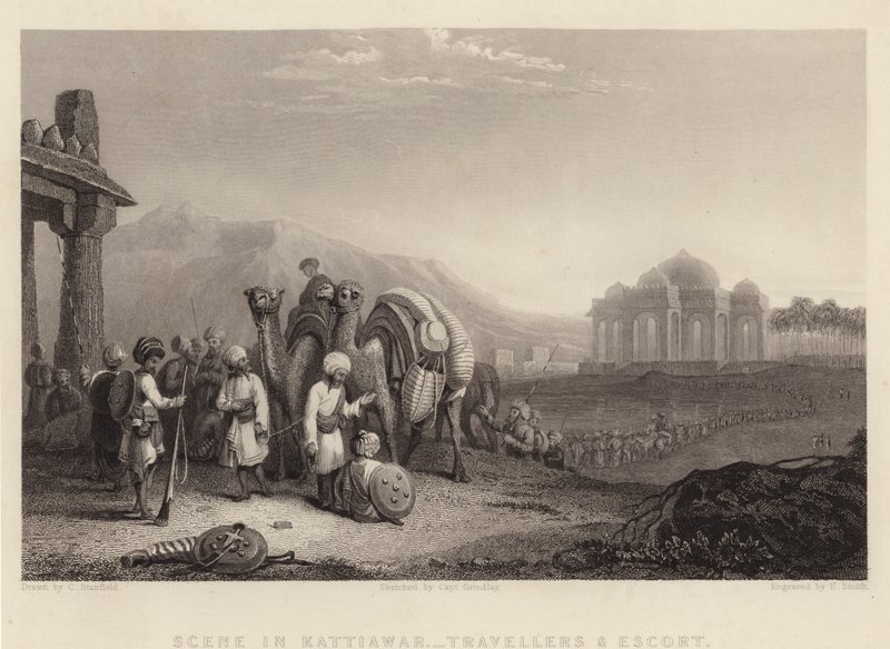 Kattiawar, Travellers and Escort 中的场景（版画） 作者 C.（之后）斯坦菲尔德