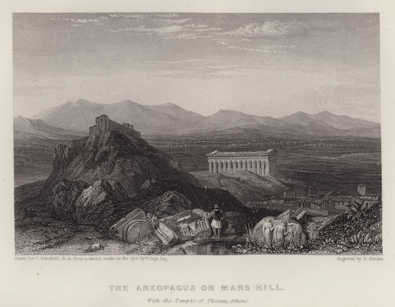 Areopagus 或火星山，与雅典忒修斯神庙（彩色石版画） 作者 C.（之后）斯坦菲尔德
