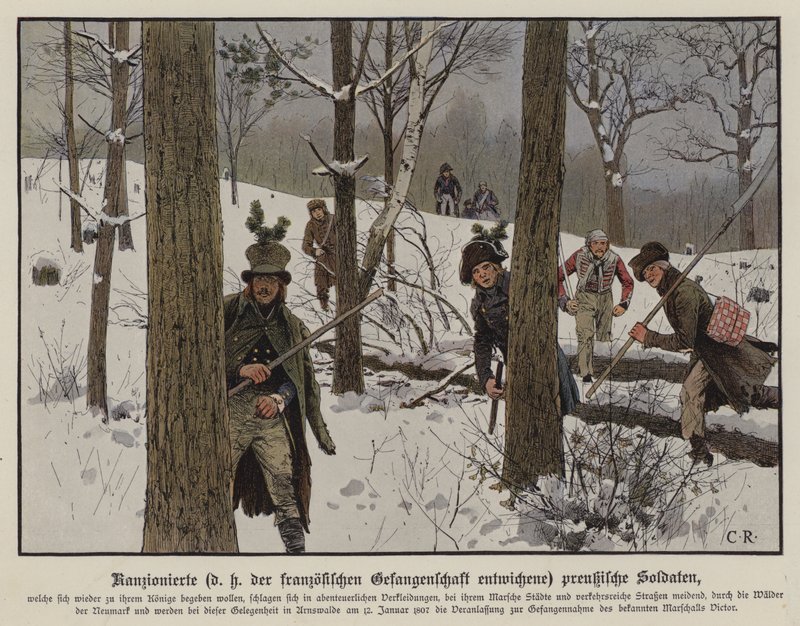 Prussian soldiers evading French captivity, January 1807 (colour litho) 作者 卡尔·劳士林