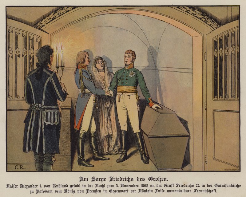 Tsar Alexander I of Russia visiting the tomb of Frederick the Great at Potsdam with King Frederick William III and Queen Louise of Prussia and swearing his unswerving friendship, 5 November 1805 (colour litho) 作者 卡尔·劳士林