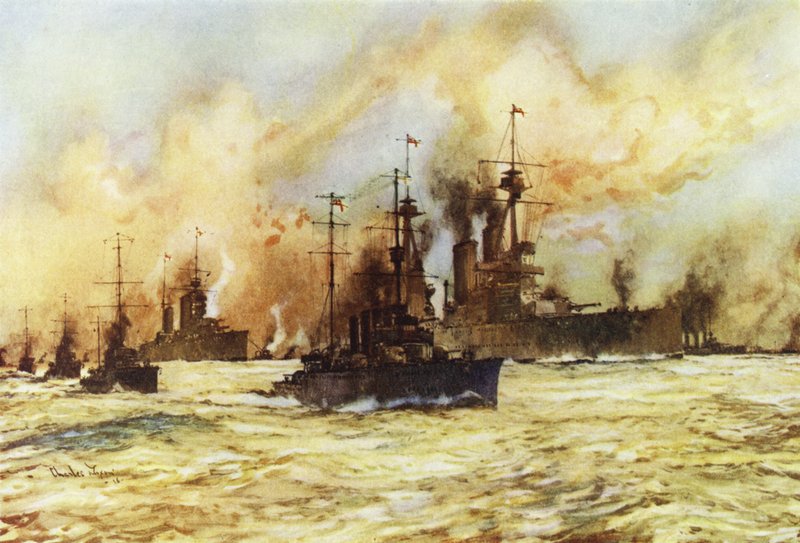 1915年1月24日，Dogger银行战役后，该战列舰不屈不挠地拖着受伤的战列舰狮子 作者 查尔斯·爱德华·迪克森