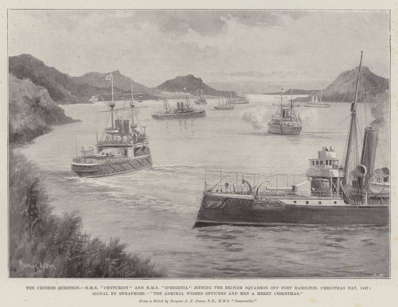 中国问题，HMS Centurion和HMS Iphigenia加入英国中队在汉密尔顿港，圣诞节，1897年，信号由Semaphore，海军上将希望官员和男人一个快乐的Christm 作者 查尔斯·约翰·德·莱西
