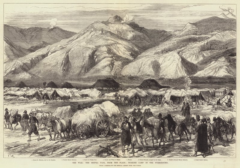 来自平原的战争，希普卡山口;土耳其营地在前景 作者 约翰·查尔斯·罗宾逊爵士