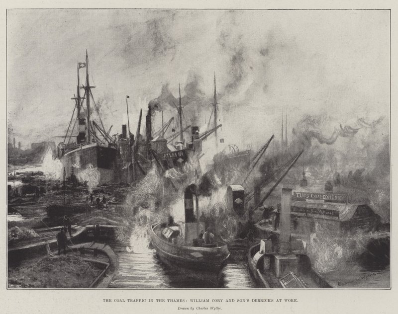 泰晤士河上的煤炭交通，William Cory和Son&39;s Derricks at Work 作者 查尔斯·威廉·威利