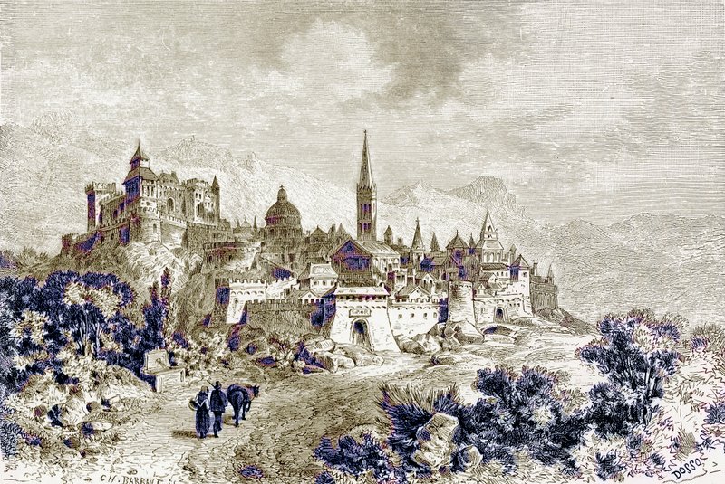 斯波莱托的视图，由Victor Duruy撰写的“罗马历史”插图，1884年出版（数字增强图像） 作者 查尔斯·巴班特
