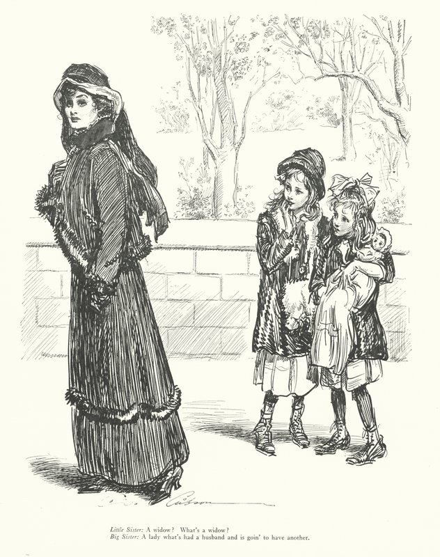 小妹妹寡妇？什么是寡妇？大姐姐：有一个丈夫，又要有另一个丈夫的女人（石版画）。 作者 查尔斯·达纳·吉布森