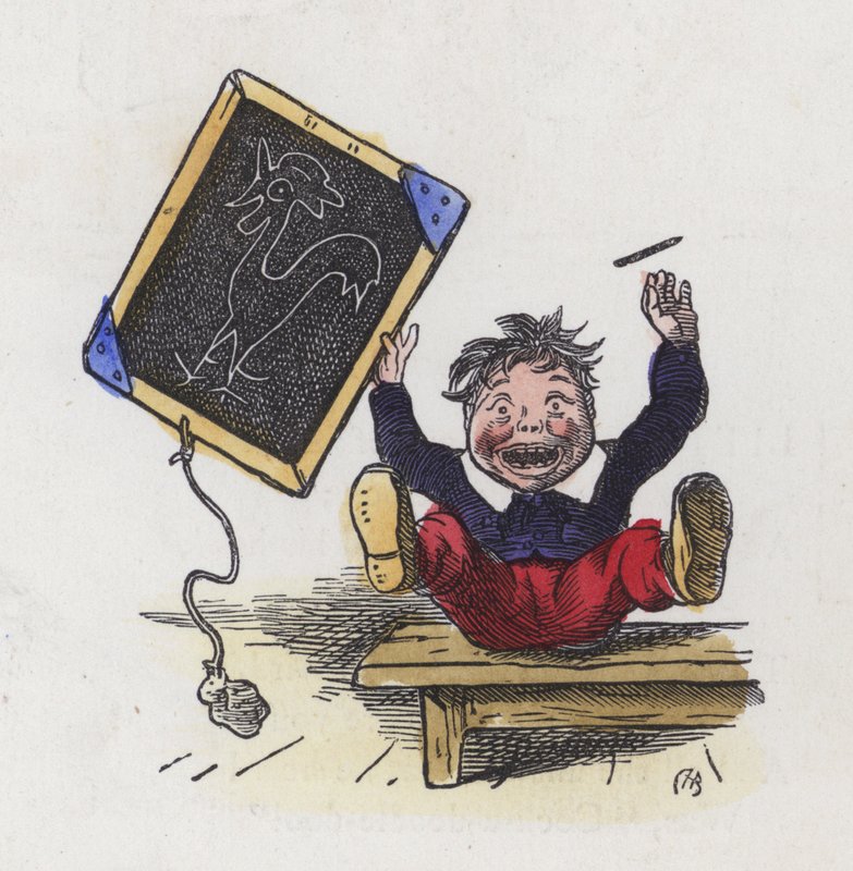 Boy with a picture of a cockerel drawn on a blackboard (coloured engraving) 作者 查尔斯·亨利（后）贝内特