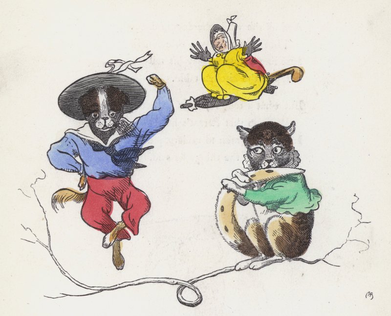 Dame Trottypeg and her pet cat and dog (coloured engraving) 作者 查尔斯·亨利（后）贝内特