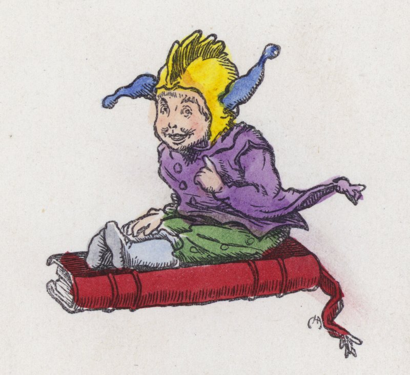 Figure sitting on a book and wearing a jester