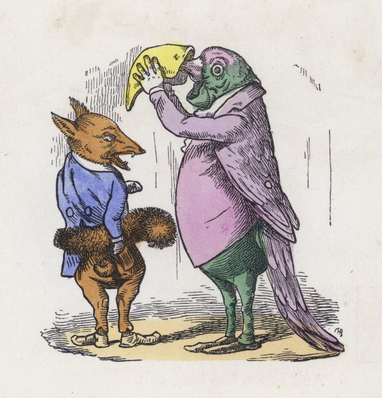 Fox using its tail for a muff and parrot taking snuff (coloured engraving) 作者 查尔斯·亨利（后）贝内特