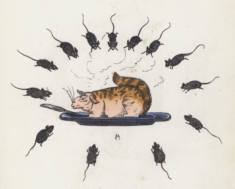 Gluttonous cat on a plate surrounded by hungry mice (coloured engraving) 作者 查尔斯·亨利（后）贝内特