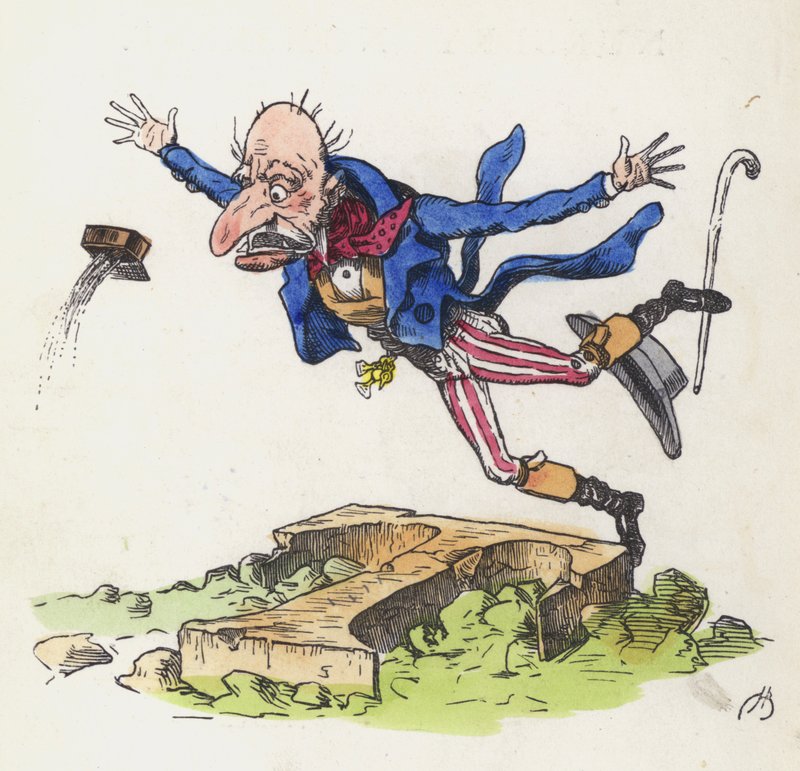 Old man tripping over a rock shaped like the letter T (coloured engraving) 作者 查尔斯·亨利（后）贝内特