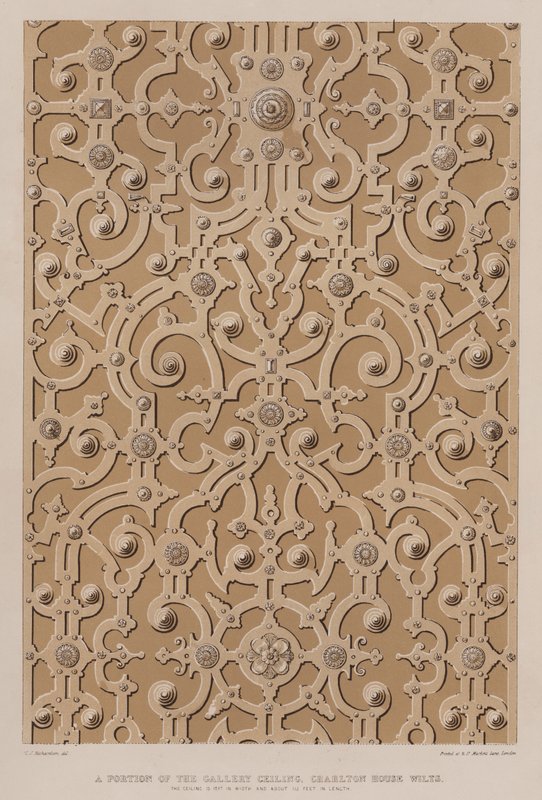 画廊天花板的一部分，Charlton House, Wilts，天花板宽 17 英尺，长约 115 英尺（彩色石版画） 作者 查尔斯·詹姆斯·理查森