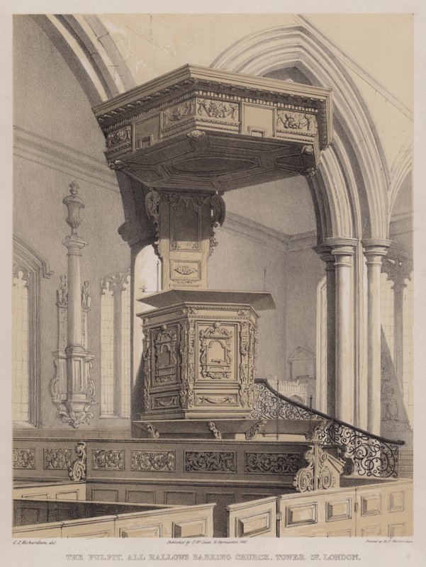 The pulpit, All Hallows Barking Church, Tower Street, London (colour litho) 作者 查尔斯·詹姆斯·理查森