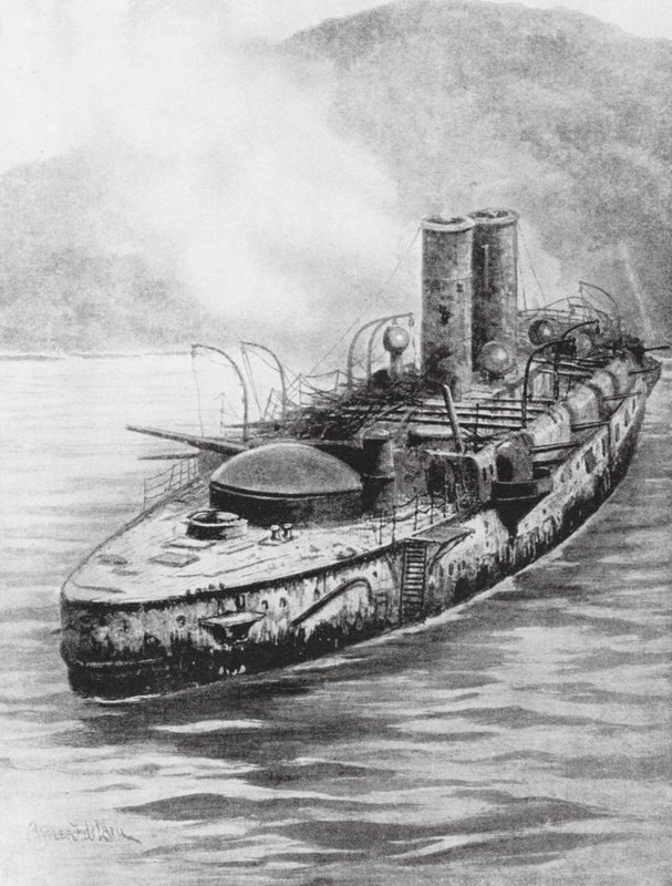 1898 年海上交战后的西班牙装甲巡洋舰 Oquendo 号（石版画） 作者 查尔斯·约翰·德（后）拉西