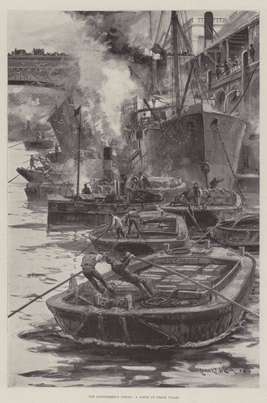 Lightermen&39;s Strike，新鲜码头的场景 作者 查尔斯·约翰·德·莱西