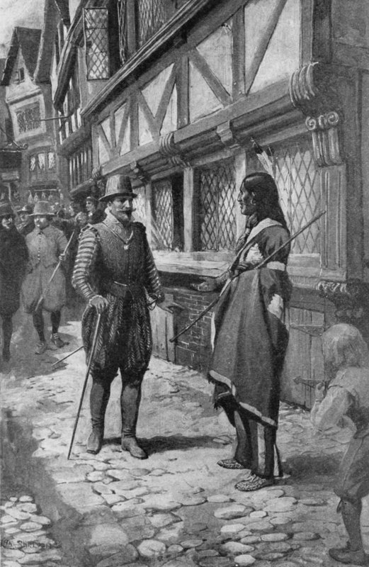 Captain John Smith meets a Red Indian friend from Virginia while taking a walk down The Strand in London (litho) 作者 查尔斯·米尔斯（之后）谢尔登