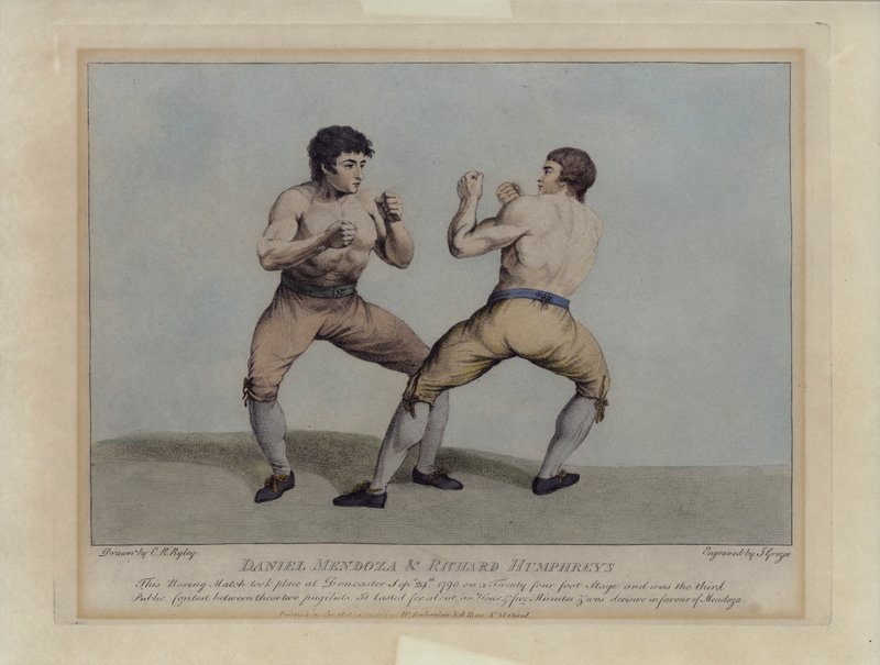 1790 年 9 月 29 日，英国拳击手丹尼尔-门多萨（Daniel Mendoza）和理查德-汉弗莱斯（Richard Humphreys）在拳击比赛中（雕刻）。 作者 查尔斯·鲁本（后）莱利