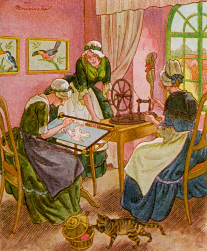 Stickerin Und Spinnerin / 刺绣和纺纱（彩色石版印刷） 作者 克里斯托夫（1856年1945年）