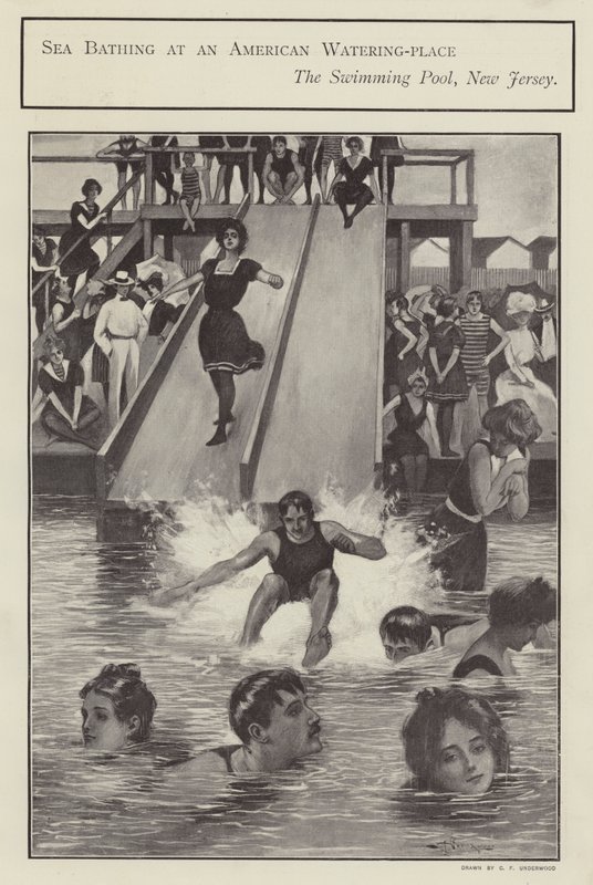 在美国新泽西州的游泳池进行海水浴（石版画） 作者 克拉伦斯·安德伍德