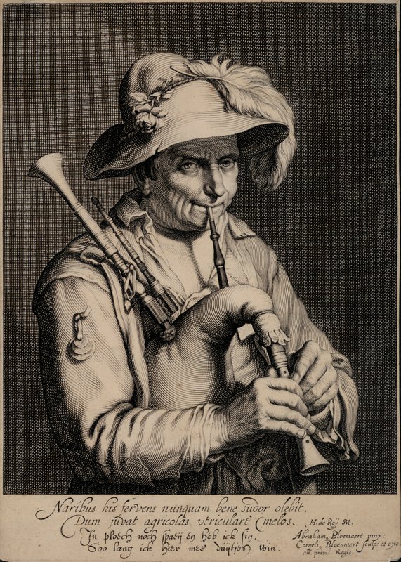 吹奏风笛的男子（雕刻）。 作者 科尼利斯·布洛埃马特（Cornelis Bloemaert）