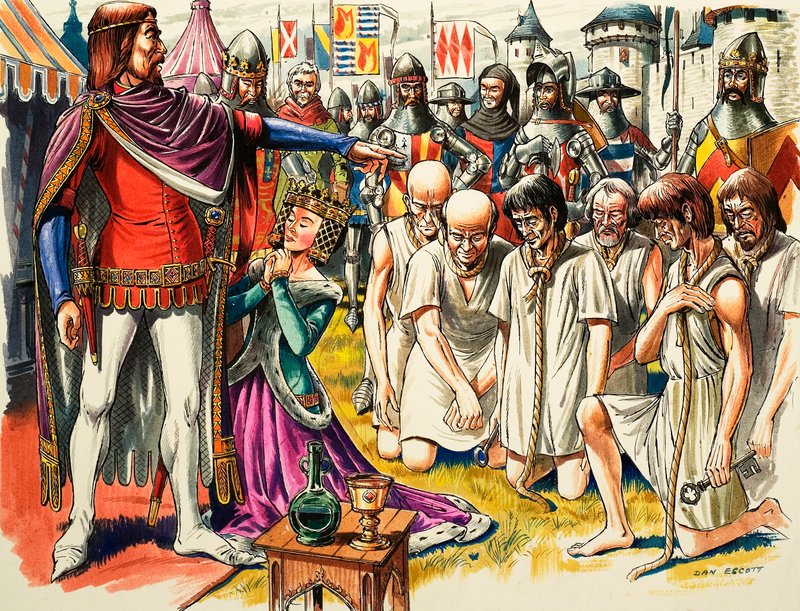 1347 年加莱的布尔乔亚和英格兰国王爱德华三世（水粉画，纸本） 作者 丹·埃斯科特