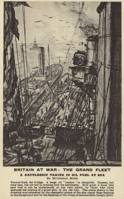 第一次世界大战，一艘战舰在海上加油（石版画） 作者 大卫·缪尔黑德骨头