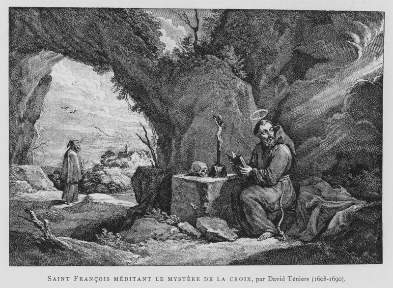 St Francis Meditating on the Mystery of the Cross (litho) 作者 幼年的大卫（后）Teniers