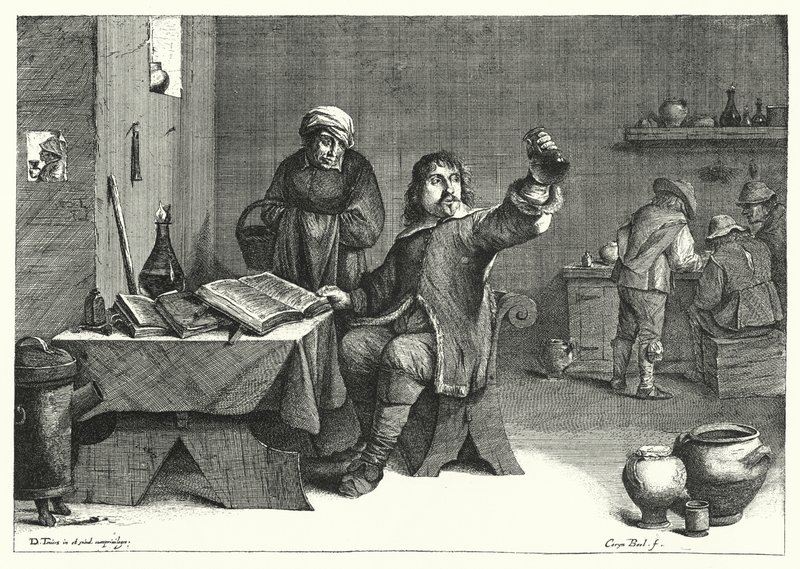 尿液医生》（雕刻）。 作者 幼年的大卫（后）Teniers