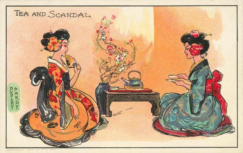 茶与丑闻：两个日本女人喝茶（彩色石版画） 作者 达德利·哈迪