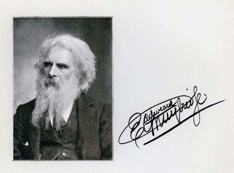 Eadweard Muybridge，肖像和签名（黑白照片）。 作者 爱德沃德·迈布里奇