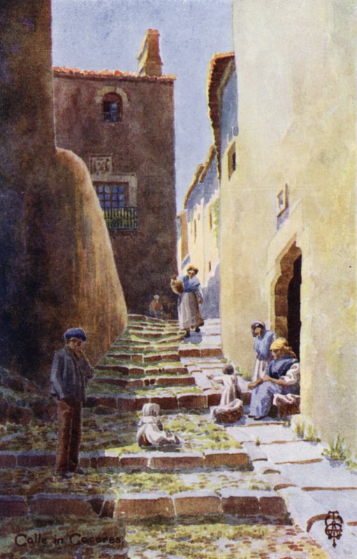 西班牙北部：Caceres，Calle de la Cuesta de Aldana（彩色石版画） 作者 埃德加 TA 威格拉姆