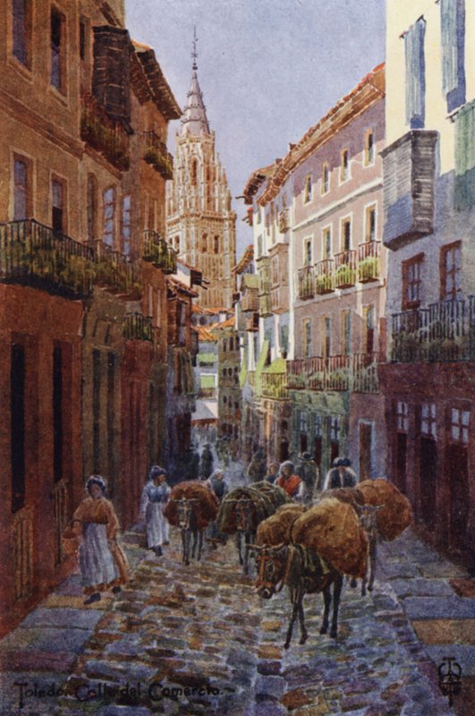 西班牙北部：托莱多，Calle del Comercio，以及大教堂塔楼（彩色平版印刷） 作者 埃德加 TA 威格拉姆
