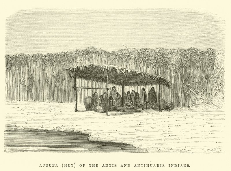 Antis和Antihuaris印第安人的Ajoupa（小屋） 作者 爱德华·里奥（Edouard Riou）
