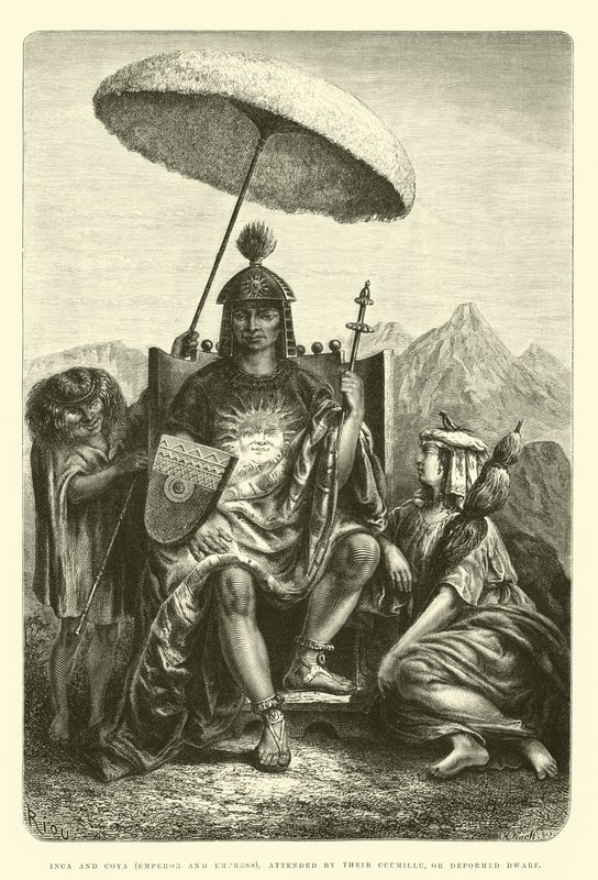 印加人和Coya（皇帝和皇后），由他们的Ccumillu或变形矮人出席 作者 爱德华·里奥（Edouard Riou）