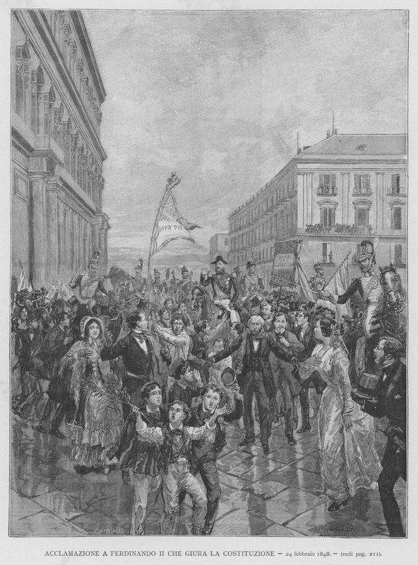 向宣誓宪法的斐迪南二世鼓掌，1848 年 2 月 24 日（雕刻） 作者 爱德华多·马塔尼亚