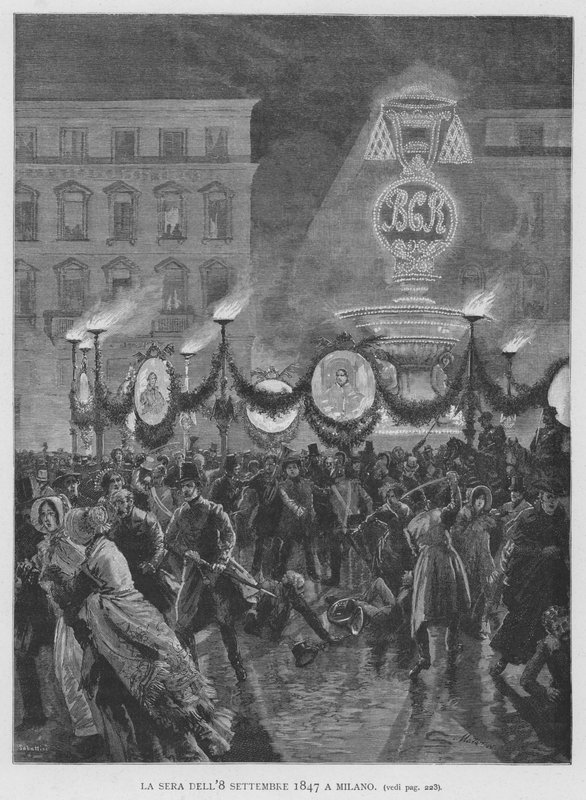 1847年9月8日晚在米兰（雕刻）。 作者 爱德华多·马塔尼亚