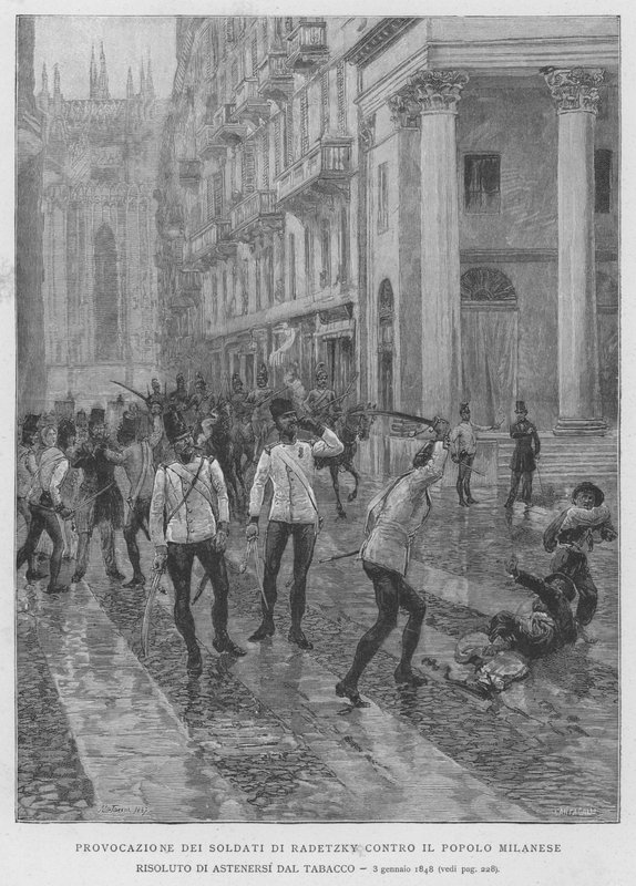 拉德茨基的士兵对决心戒烟的米兰人的挑衅，1848年1月3日（雕版）。 作者 爱德华多·马塔尼亚