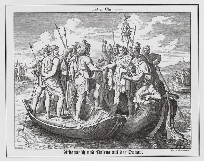 罗马皇帝瓦伦斯和西哥特国王阿塔纳里克在多瑙河畔的会面，369 年（雕刻） 作者 爱德华·本德曼