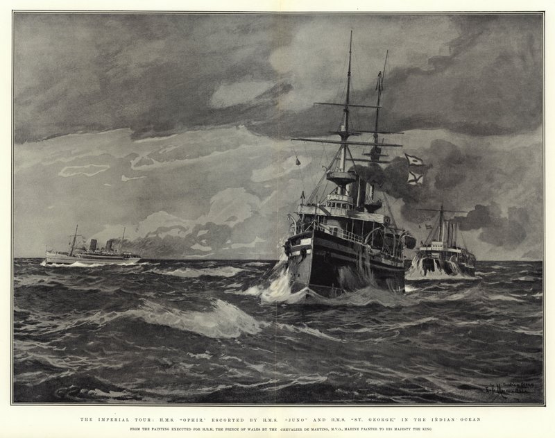 帝国之旅，HMS Ophir，由印度洋的HMS Juno和HMS St George陪同 作者 爱德华德马蒂诺