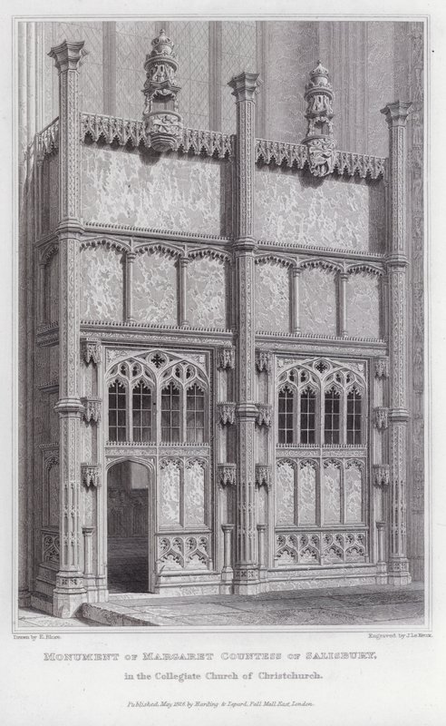 玛格丽特-索尔兹伯里伯爵夫人的纪念碑，位于基督城教堂（Collegiate Church of Christchurch）（雕版）。 作者 爱德华·布洛尔