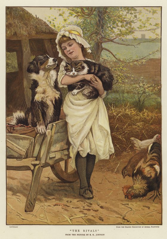 A young girl holding a cat in her arms alongside a dog (colour litho) 作者 爱德华·基林沃思·约翰逊