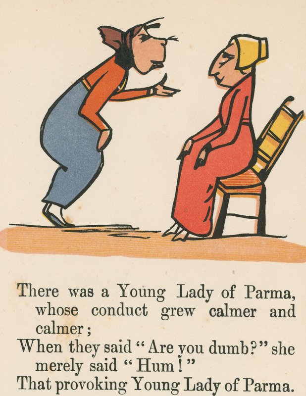 帕尔马的一位年轻女士的行为变得更加平静和平静，来自伦敦Frederick Warne and Co.出版的“无言之书”，1875年 作者 爱德华·李尔