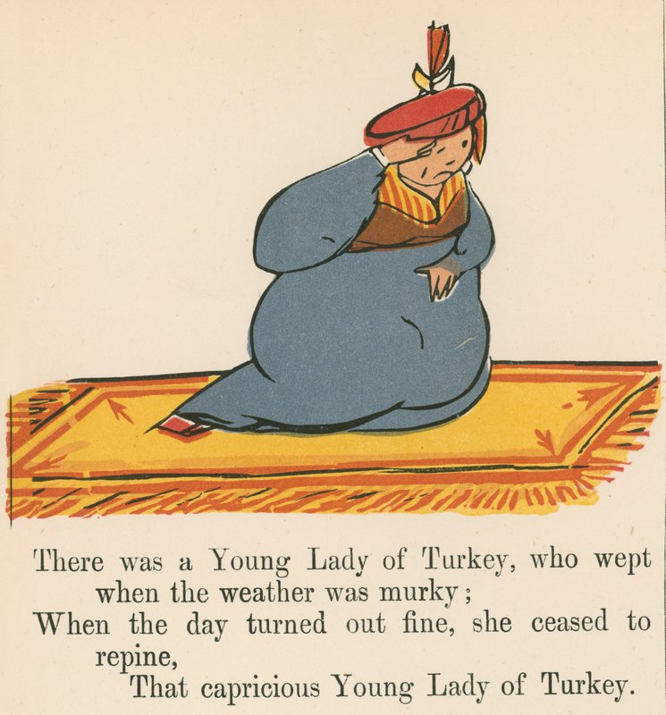 当天气阴沉时，土耳其的一位年轻女士从弗雷德里克·沃恩公司（Frederick Warne and Co.，London，1875年出版）出版的“无言之书”中哭泣。 作者 爱德华·李尔