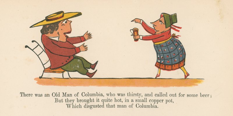 有一位哥伦比亚的老人口渴，并从伦敦的Frederick Warne and Co.出版的“A Book of Nonsense”中呼唤一些啤酒，1875年 作者 爱德华·李尔